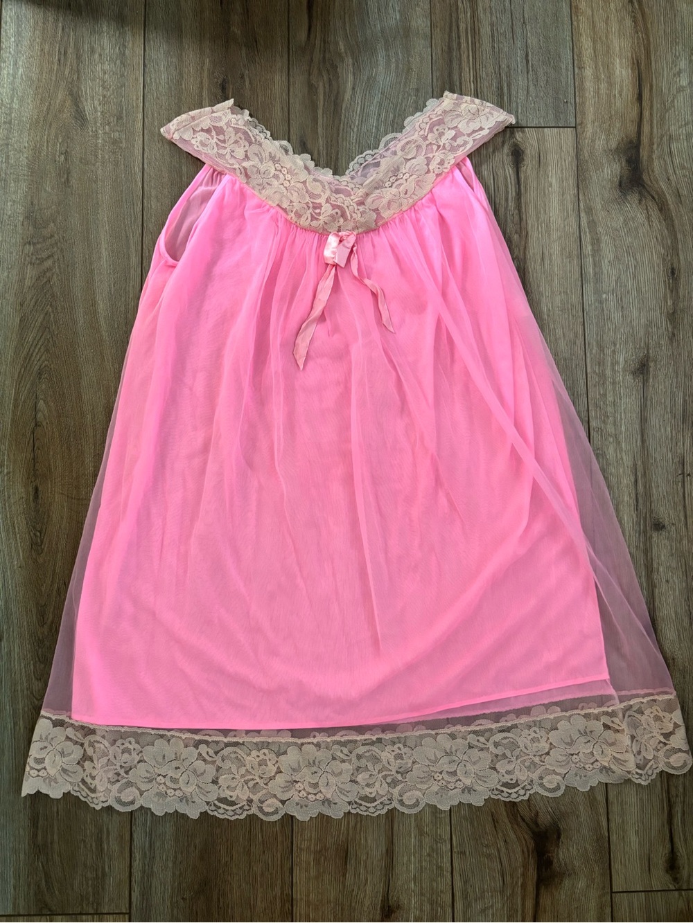 Vintage Pink Nightgown Dress with Lace & Bow